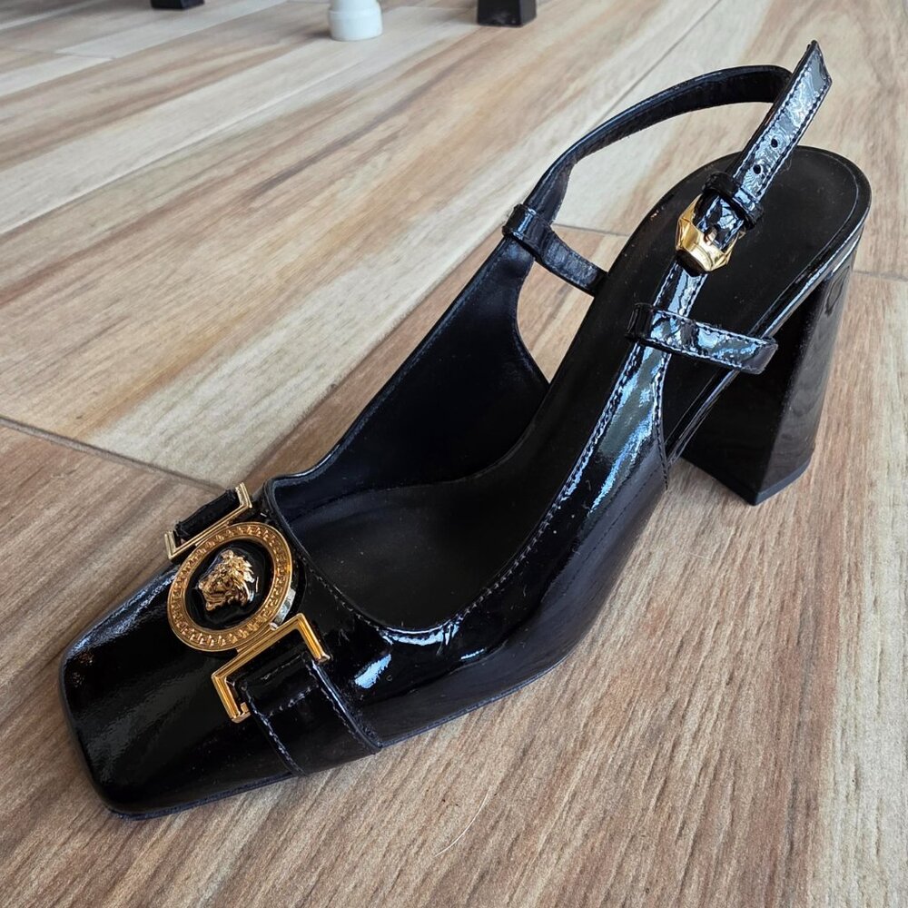 Versace Medusa Black Patent Gold Emblem Sling Back Shoes Eur. 36